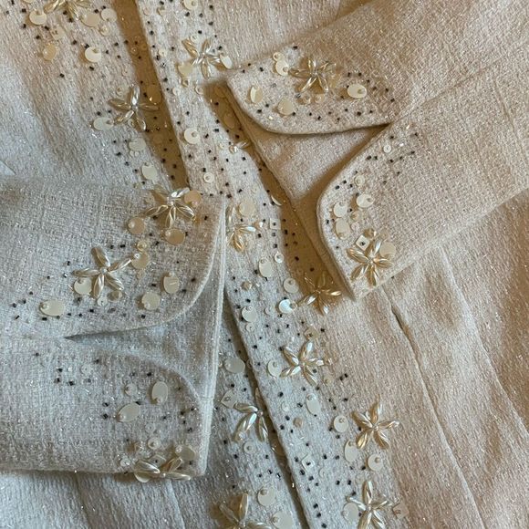 Vintage Victor Costa Tweed Creme Embellished Blazer Womens Small - Picture 9 of 9